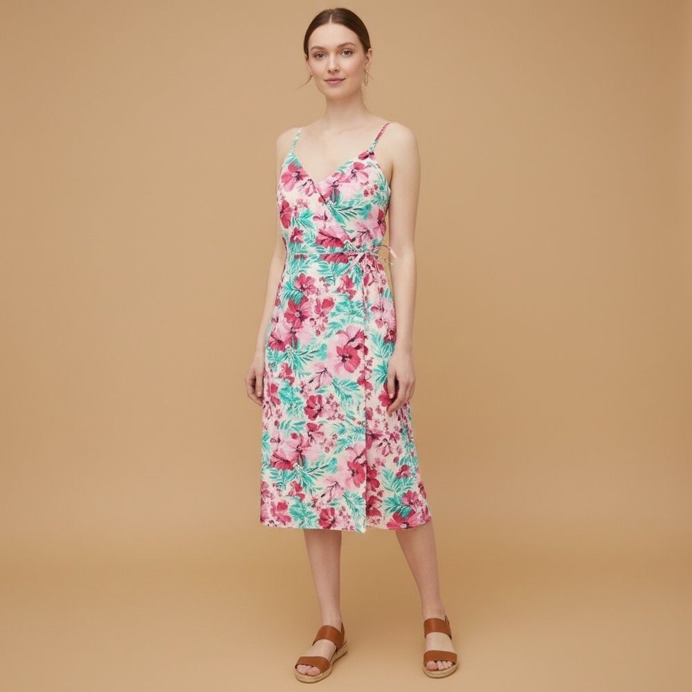 J.Crew Floral Midi Wrap Dress Pink Green Tropical Print Size 00